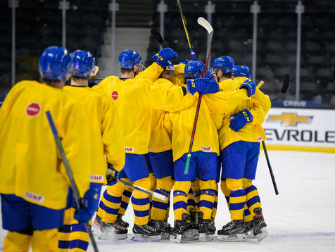 Players of Sweden celebrate at a training session