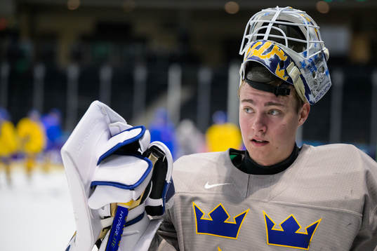 Goaltender Calle Clang of Sweden at a training session