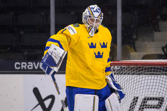 Goaltender Jesper Wallstedt of Sweden at warm-up