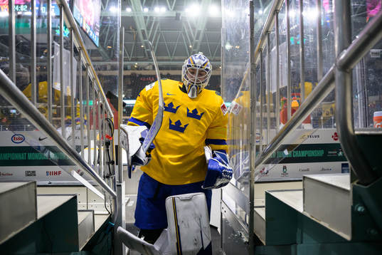Goaltender Jesper Wallstedt of Sweden leaves warm-up