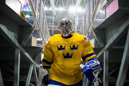 Goaltender Jesper Wallstedt of Sweden leaves warm-up