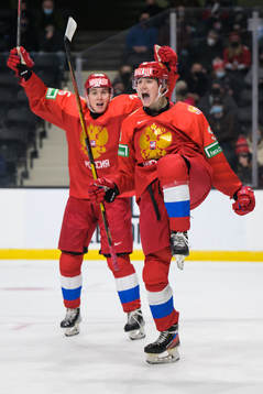 Kirill Tankov and Fedor Svechkov of Russia celebrate the