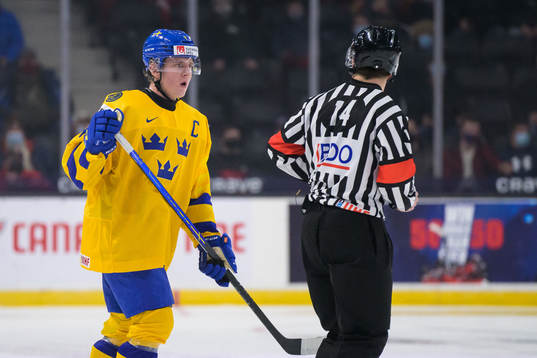 Emil Andrae of Sweden talks to one of the referees