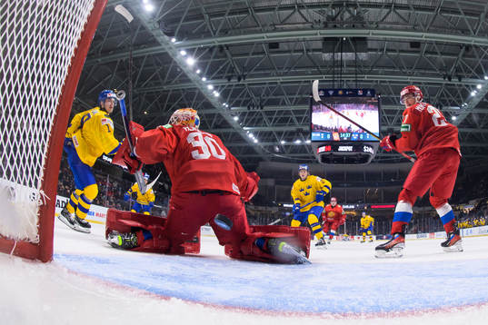 Goaltender Yaroslav Askarov of Russia lets in the 0-1 goal