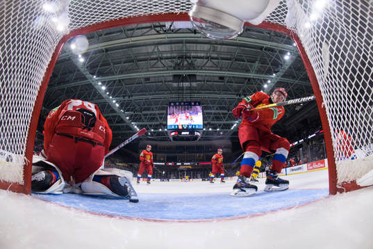 Nikita Guslistov of Russia smashes his stick