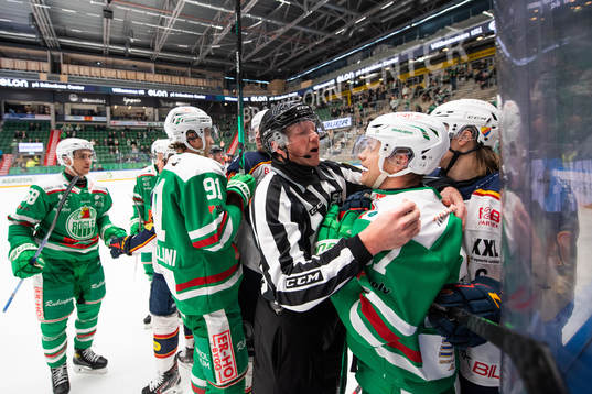 Linjedomare Henrik Pihlblad och Rögles Leon Bristedt