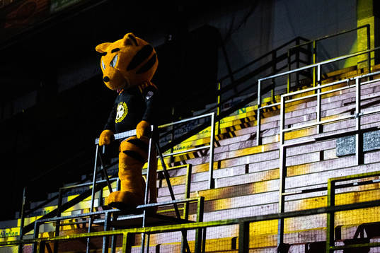 Brynäs maskot på en tom ståplatsläktare