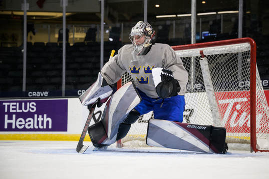 Goaltender Jesper Vikman of Sweden at a training session