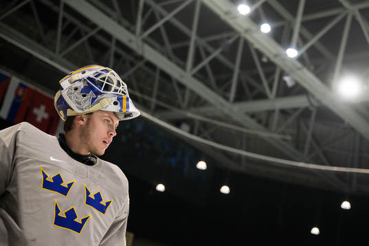 Goaltender Jesper Wallstedt of Sweden at a training session