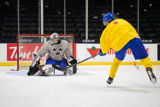Goaltender Jesper Vikman and Måns Forsfjäll of Sweden at