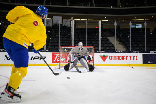 Albert Sjöberg and goaltender Jesper Vikman of Sweden at a