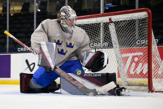 Goaltender Jesper Vikman of Sweden at a training session