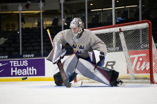 Goaltender Jesper Vikman of Sweden at a training session