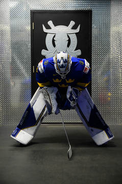 Goaltender Jesper Wallstedt of Sweden at warm-up