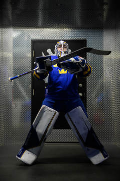 Goaltender Jesper Wallstedt of Sweden at warm-up