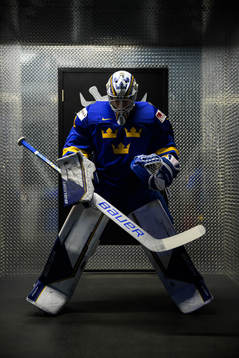 Goaltender Jesper Wallstedt of Sweden at warm-up