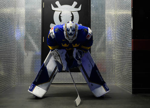 Goaltender Jesper Wallstedt of Sweden at warm-up