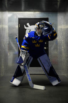 Goaltender Jesper Wallstedt of Sweden at warm-up
