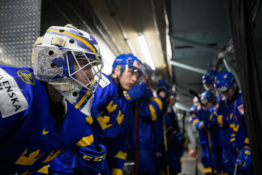 Goaltender Jesper Wallstedt of Sweden at warm-up