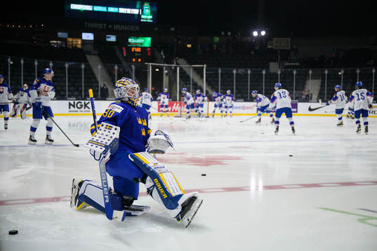 Goaltender Calle Clang of Sweden at warm-up
