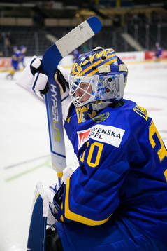 Goaltender Calle Clang of Sweden at warm-up