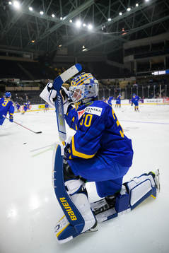 Goaltender Calle Clang of Sweden at warm-up