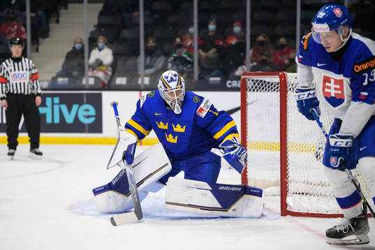 Goaltender Jesper Wallstedt of Sweden and Jakub Demek of
