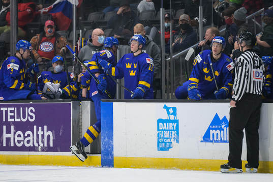 Leo Lööf of Sweden leaves the ice as he gets a game