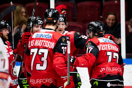 Malmö Redhawks Emil Sylvegård jublar med lagkamrater