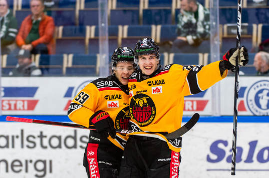 Luleås Kim Johansson jublar med målskytten till 0-4 Radek