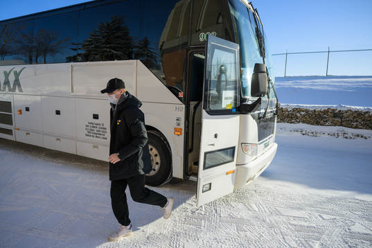 Leo Lööf of Sweden arrives to the arena for a training