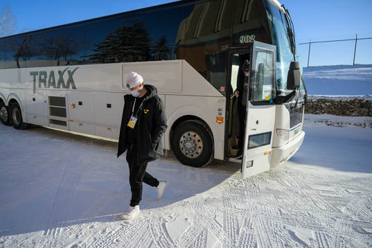 Goaltender Jesper Wallstedt of Sweden arrives to the arena
