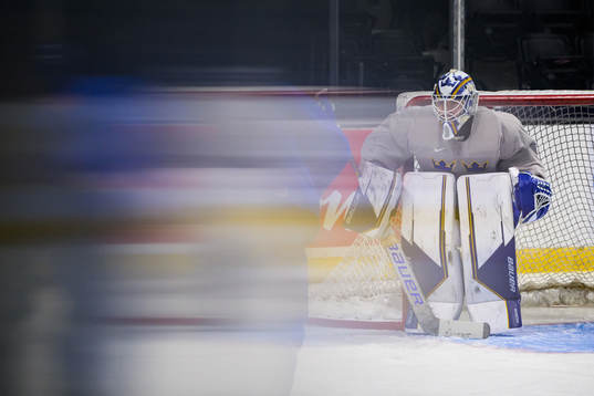 Goaltender Jesper Wallstedt of Sweden at a training session