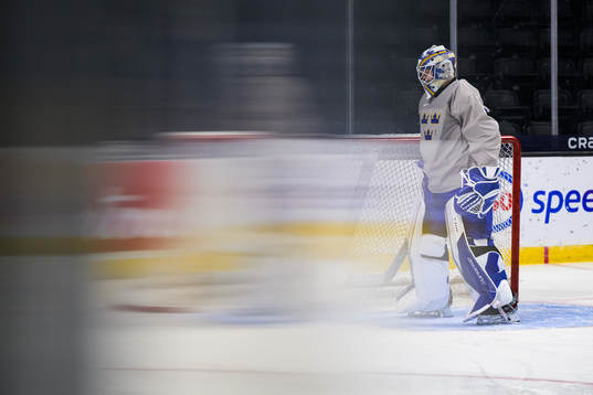 Goaltender Jesper Wallstedt of Sweden at a training session