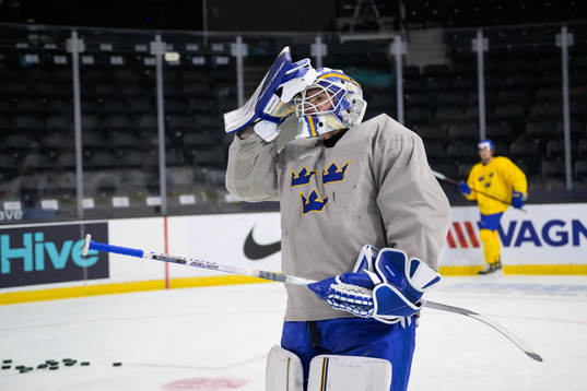 Goaltender Jesper Wallstedt of Sweden at a training session