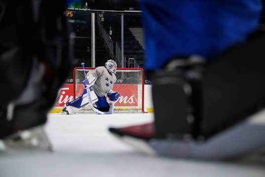 Goaltender Jesper Wallstedt of Sweden at a training session
