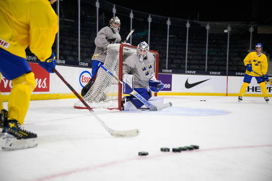 Goaltender Jesper Wallstedt of Sweden at a training session