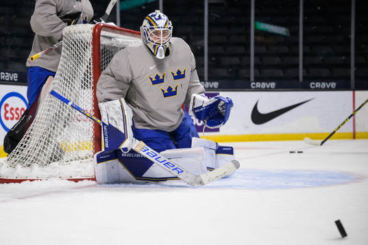 Goaltender Jesper Wallstedt of Sweden at a training session