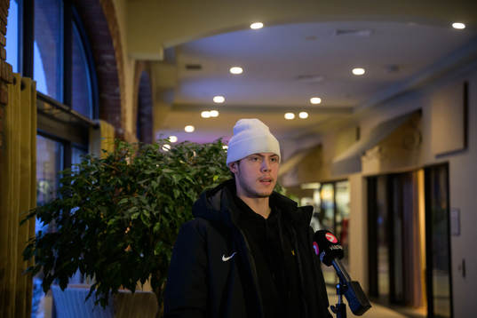 Goaltender Jesper Wallstedt of Sweden is being interviewed