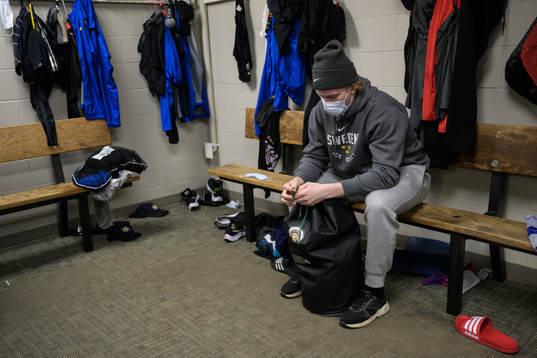 Theodor Niederbach of Sweden looks dejected in the locker
