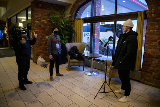 Goaltender Jesper Wallstedt of Sweden is being interviewed