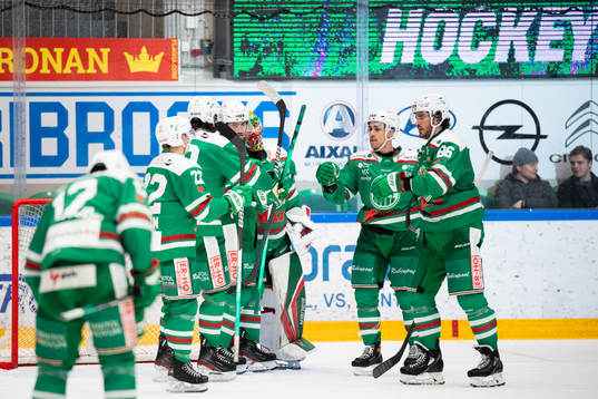 Rögles målvakt Christoffer Rifalk jublar med lagkamrater
