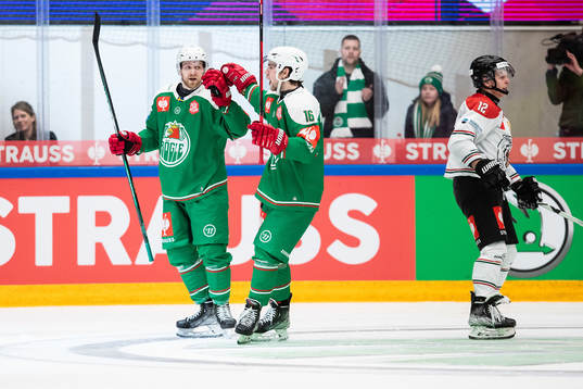 Ted Brithén and Lucas Ekeståhl-Jonsson of Rögle celebrate