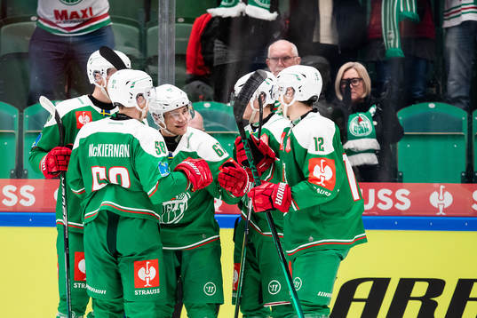 Leon Bristedt and Brady Ferguson of Rögle celebrate