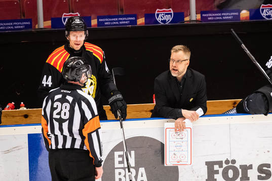 Domare Mikael Holm och Brynäs tränare Mikko Manner