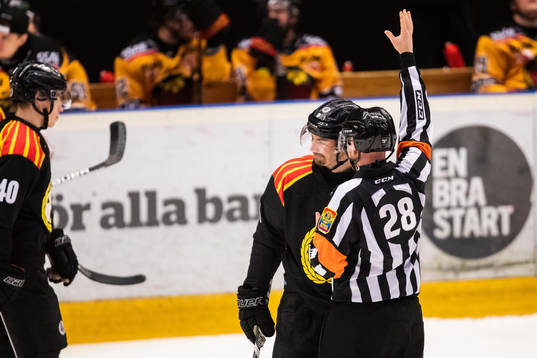 Brynäs Anton Rödin och Domare Mikael Holm
