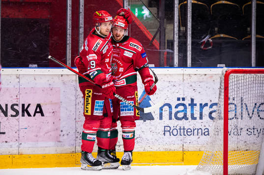 Modos Mikkel Aagaard och Riley Woods jublar