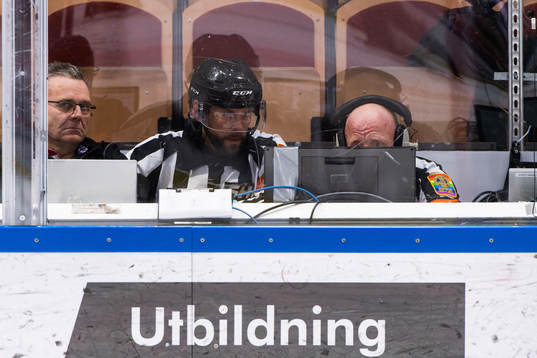 Domare Marcus Linde vid en videogranskning av 1-1-målet