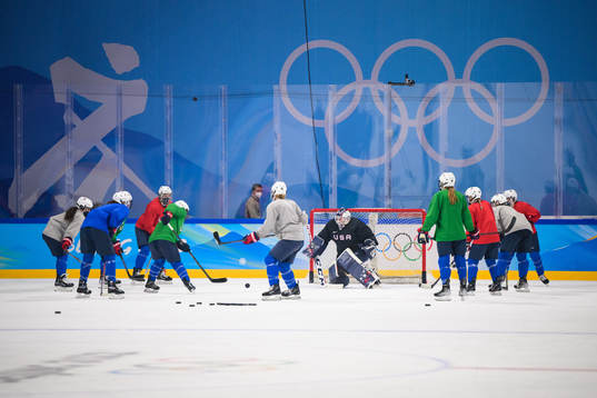 Players of the United States women's ice hockey team at a