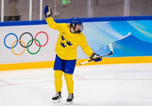 Lina Ljungblom of Sweden women's ice hockey team celebrates